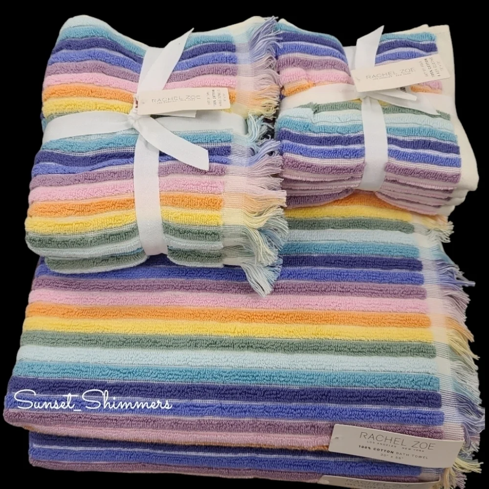 8pc Rachel Zoe Cotton Pastel Rainbow Striped Bath Hand Washcloth Towel Set New